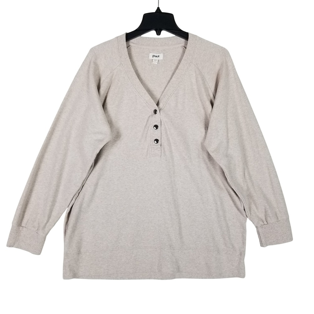 Pact Henley Sweatshirt Women XL Oatmeal Organic Cotton Long Sleeve V-Neck Raglan